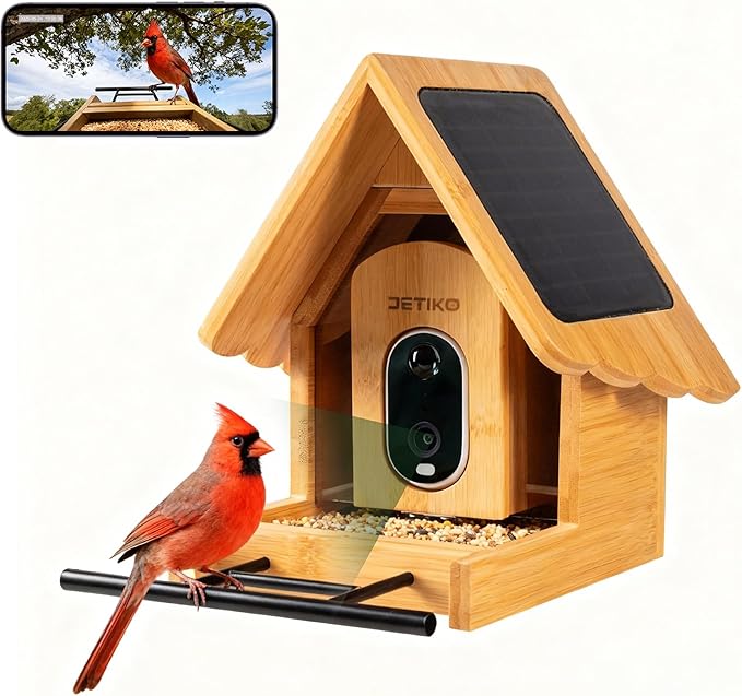 Bamboo Bird Feeder with Camera, 2K HD, Auto AI Identify 2800+ Birds, Solar-Powered, Night Vision, Real-Time Alerts, Family/Friend Sharing, Gift for Nature Lovers