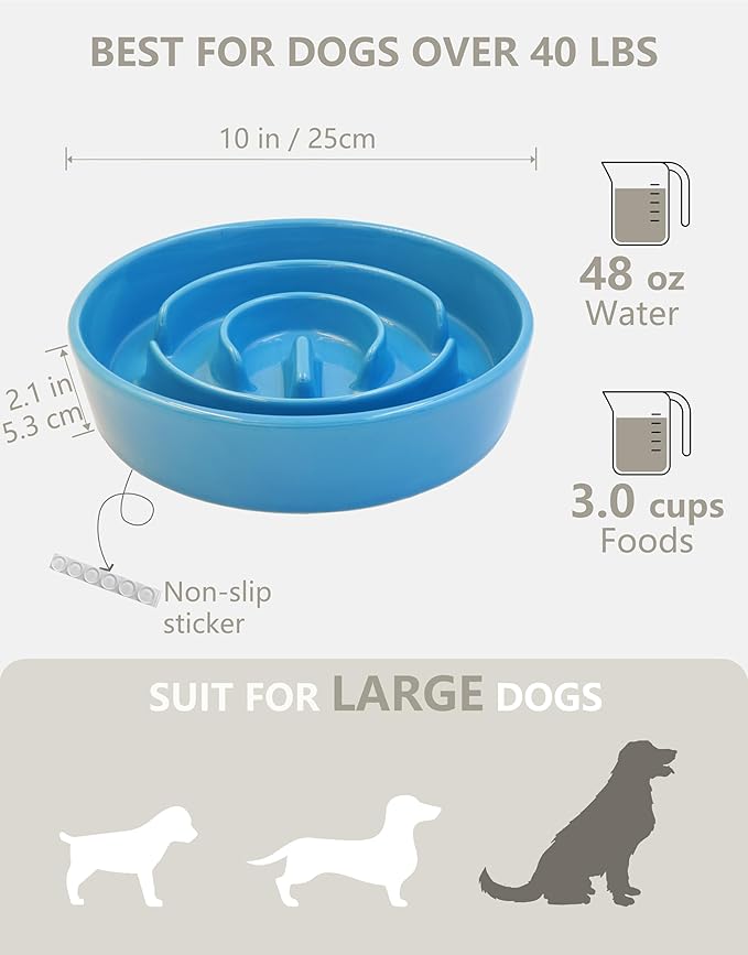 Ceramic Slow Feeder Bowls for Large Dogs, 3.0 Cups Slow Feeder for Fast Eaters, 48oz, 10in, Blue