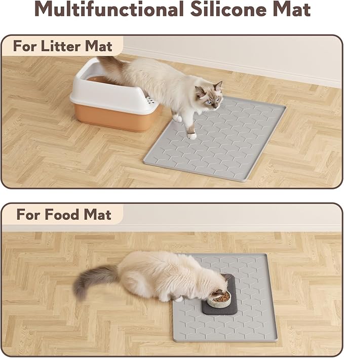 Cat Litter Box Mat, Silicone Kitty Litter Mat, 24" X 16" Waterproof Silicone Pad for Floor, Light Gray