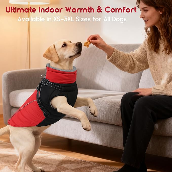 ASENKU Reflective Dog Coat with Built-in Harness, Windproof Fleece-Lined Dog Jacket for Small, Medium, Large Dogs, Warm Winter Vest with Turtleneck & Zipper (Red S)