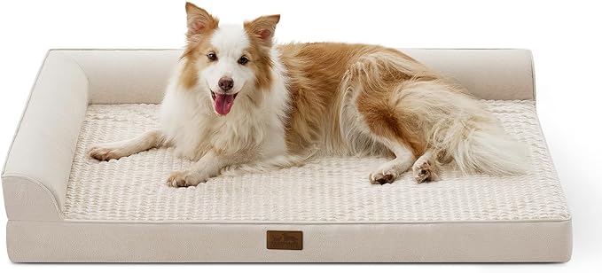Orthopedic Dog Bed for Large Size Dog, XL Dogs Crate Bed, L Shaped Foam Anti-Slip Bottom Pet Cat Sofa with Washable Removable Cover, Suitable for Pet Up to 100 lbs, 44x32x7 inch, Beige