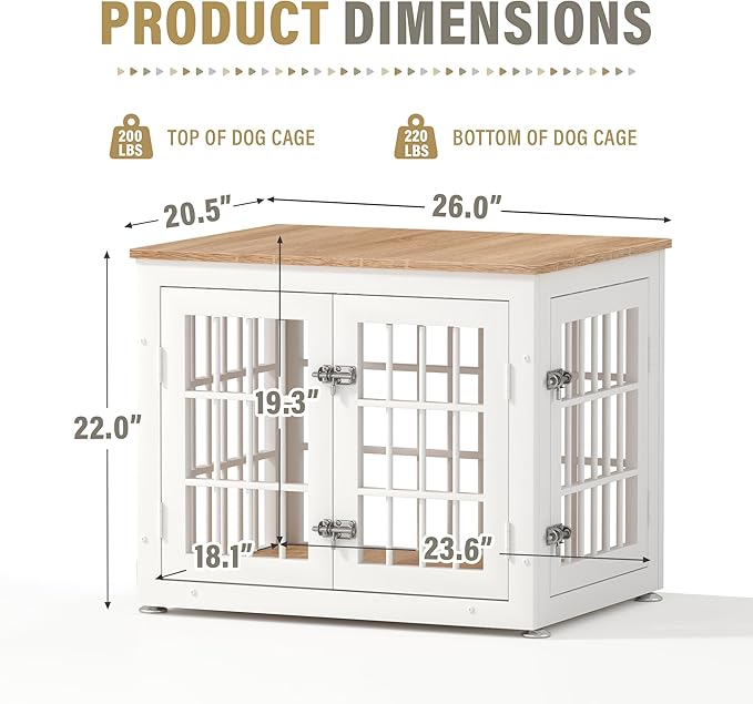 26 Inch Heavy Duty Dog Crate Furniture for Small Dogs, Decorative Pet House End Table, Wooden Cage Kennel Furniture Indoor, White and Natural