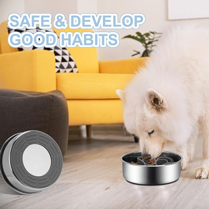 2-in-1 Slow Feeder Dog Bowls, Stainless Steel Pet Bowls with Silicone Feeder Insert, Removable Non-Slip Rubber Base for Dogs to Slow Down Eating (Small Breed)