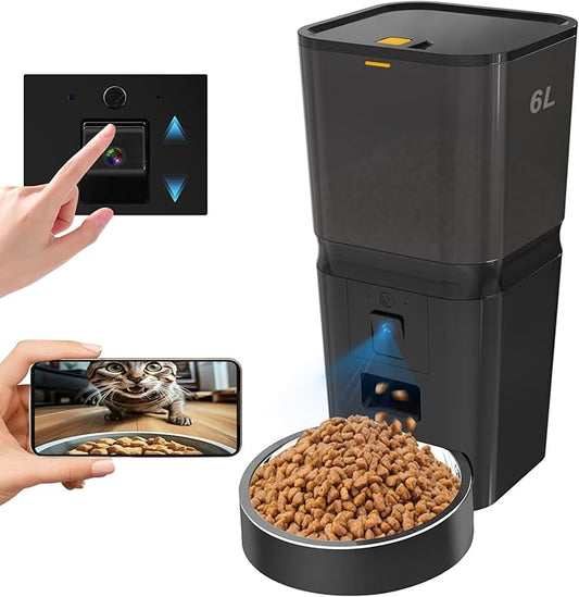 Automatic Cat & Dog Feeder with Camera, 6L Smart WiFi Pet Food Dispenser for Small Pets & Multi-Cat Homes - Timed Feeding, Battery Backup,1080P HD Night Vision, Two-Way Audio, Portion Control