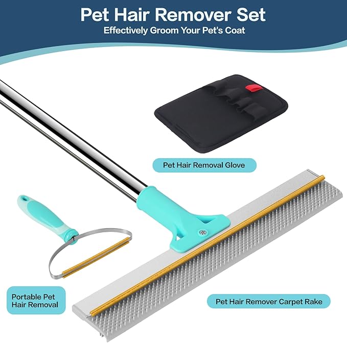 3 in 1 Carpet Rake for Pet Hair Removal, Reusable Pet Hair Remover Broom with 54" Adjustable Long Handle, Dog Cat Carpet Scraper Brush Tool Kit for Cleaning, Dog Fur Broom for Rugs, Mats, Couch