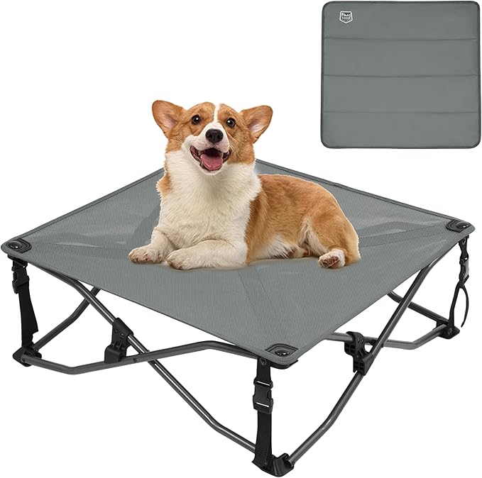 Timber Ridge Small Elevated Dog Bed, 3-in-1 Portable, Folding, and Raised with Removable Pad Mat, Cooling Design for Indoor and Outdoor Use, Grey