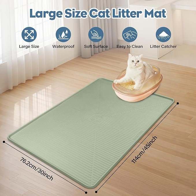 Lorvain Cat Litter Mats, 45" x 30" Extra Large Silicone Cat Mat for Litter Box, Easy to Clean Kitty Litter Trapping Mat, Soft on Kitty Paws, Waterproof, Urine-Proof Kitty Litter Mats for Floor, Green