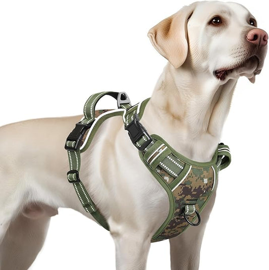 Timos Dog Harness Large Sized,No Pull Dog Harness Adjustable Metal Rings 3 Buckles,Reflective No Choke with Easy Control Handle for Large Dogs,Military Green L