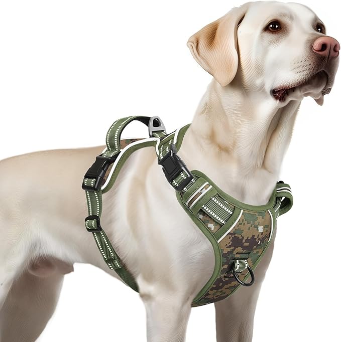 Timos Dog Harness Large Sized,No Pull Dog Harness Adjustable Metal Rings 3 Buckles,Reflective No Choke with Easy Control Handle for Large Dogs,Military Green XL