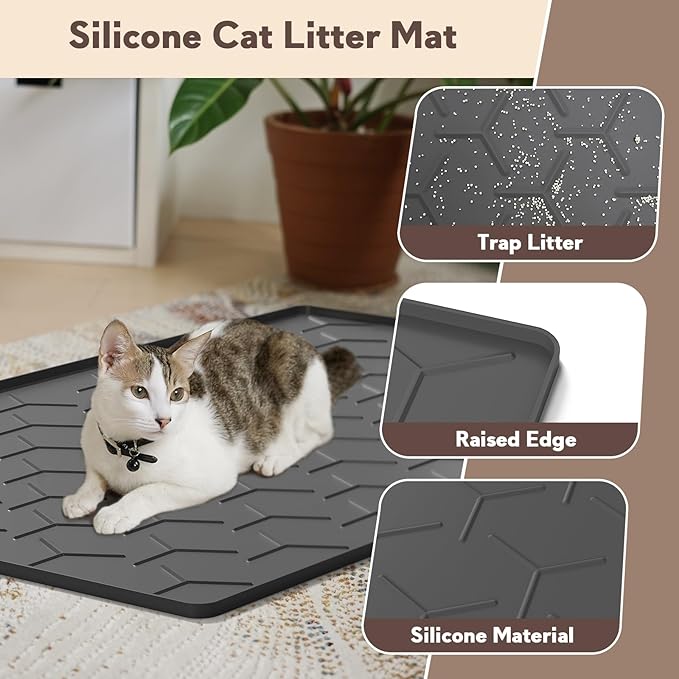Silicone Cat Litter Trapping Mat, Large Waterproof 34" X 22" Cat Litter Box Mat, Easy to Clean, Black