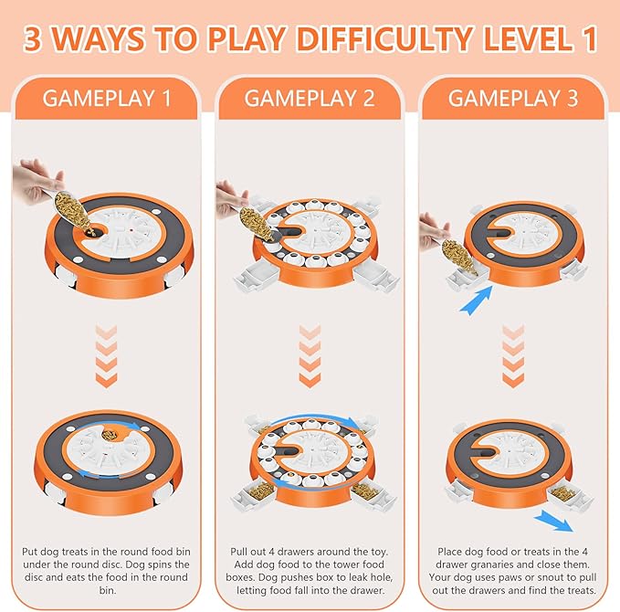 Dog Puzzle Toy, Level 3 in 1 Brain Mental Stimulation Dog Puzzles for Smart Dogs, Interactive Treat Dispenser Cognitive Enrichment Toys Puppy Puzzle Game for Mind Boredom-13.31"x13.31" Orange