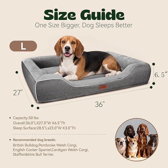 Orthopedic Dog Beds Large Sized Dog with Removable Faux Fur Washable Covers,Waterproof Pet Couch Bed with Cooling Gel Memory Foam and Bolster Side for Big Breed Pets,36" Dark Grey