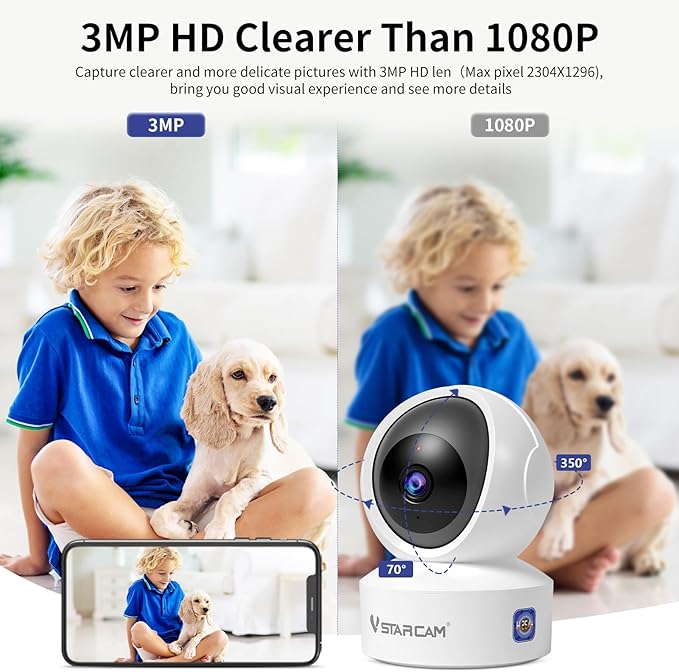 VSTARCAM 3MP Pet Camera Indoor with Phone App, 360° Indoor Security Camera with Color Night Vision, Motion Detection & 2-Way Audio, 24/7 SD & Cloud Storage，2.4GHz WiFi, in Plug