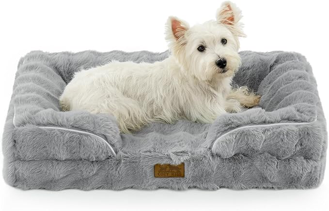 Orthopedic Dog Bed for Medium Small Size Dog, Soft and Warm Faux Fur Sofa for Pet Up to 40 lbs, Foam Bolster Anti-Slip Couch with Washable Removable Cover, M 30x20x6.5 inch, Grey