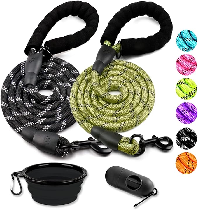 COOYOO 2 Pack Dog Leash 6 FT Heavy Duty - Comfortable Padded Handle - Reflective Dog Leash for Medium Large Dogs with Collapsible Pet Bowl