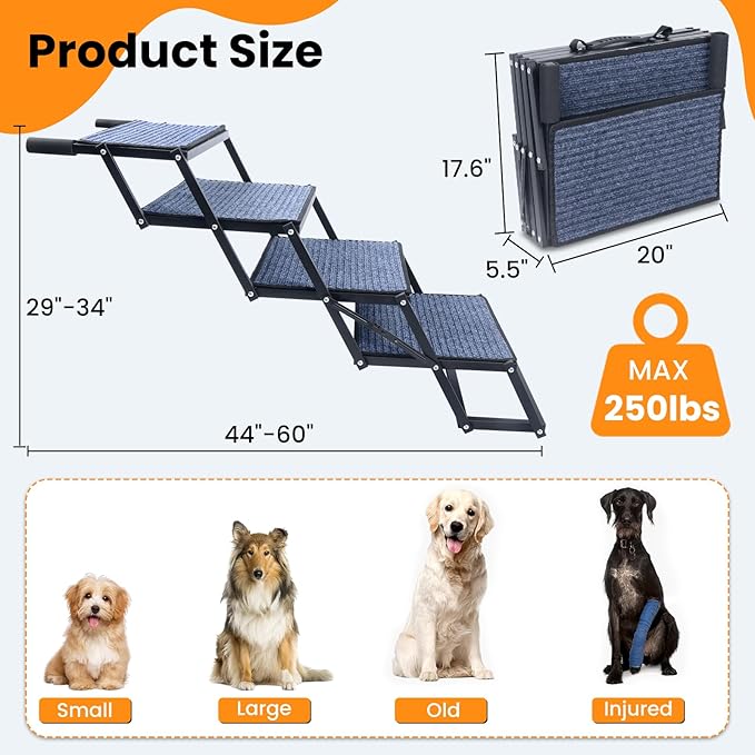 Dog Stairs for Car, 60''x 20'' Extra Wide Stairs for Large Dogs to 250 LBS, Portable Steps with Removable Non-Slip Surface, 4 Steps Foldable Dog Ramp for Car, SUV, High Bed/Couch