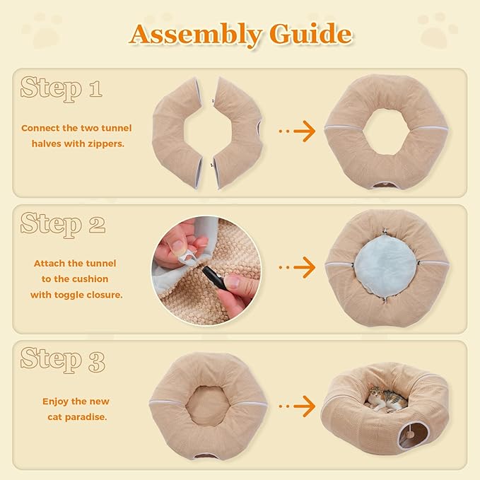 PEQULTI Cat Donut Tunnel with Bed for Indoor Cats, Cat Play Tunnel with Washable Soft Plush Mat, Round Tube Toys Cute Tube for Kittens, Puppies, Rabbits and Ferrets, Beige