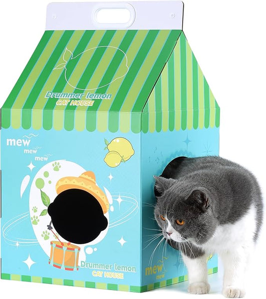 Cardboard Cat House with Scratcher – Blue Lemon Milk Carton Design, 22.5''H x 13''L x 13''W, Indoor Cat Playhouse & Hideout for Cats up to 16 lbs, Portable Handle, Corrugated Scratch Pad