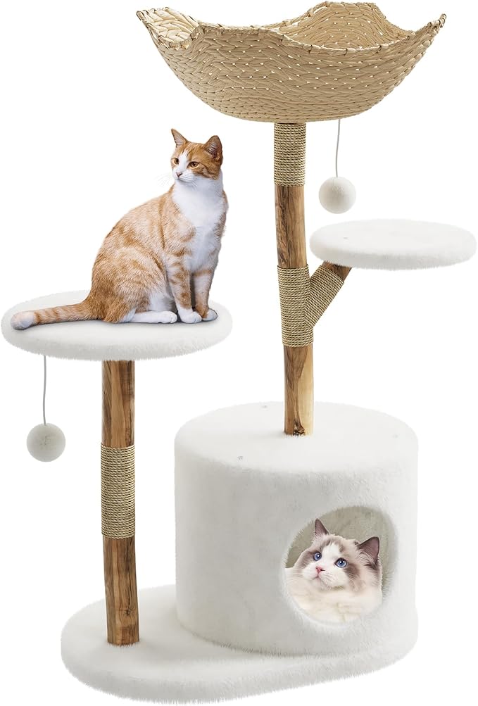 46" Large Modern Cat Tree, Wooden Cat Tower with Scratching Posts, Platforms, Spacious Wicker Basket, Pom Pom Balls and Wood Branch, Luxury Condo for Kittens