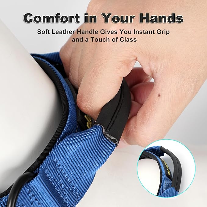 Plutus Pet Tactical Dog Collar with Tracker Packet for AirTag, Adjustable Reflective Nylon Collar, Metal Buckle, Leather-Wrapped Handle, Soft Padded for Medium Large Dogs (Blue, L)