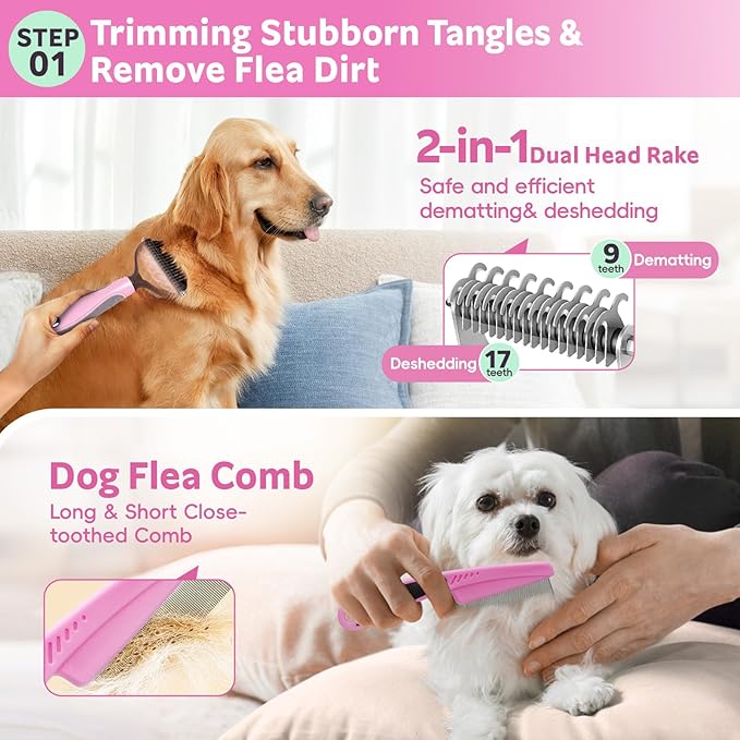Dog Brush for Shedding 13pcs Bath Grooming Kit with Pet Nail Clipper and File - Dog Bath Brush Cat Grooming Supplies, Dematting Comb Bath Brush Shampoo Scrubber for Dogs and Cats
