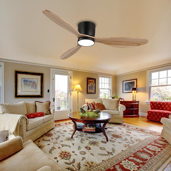 reiga 52" Natural Wood Ceiling Fan with Light and Remote, 3 Blade Flush Mount Low Profile Ceiling Fan for Bedrooom Living Room, Quiet DC Motor