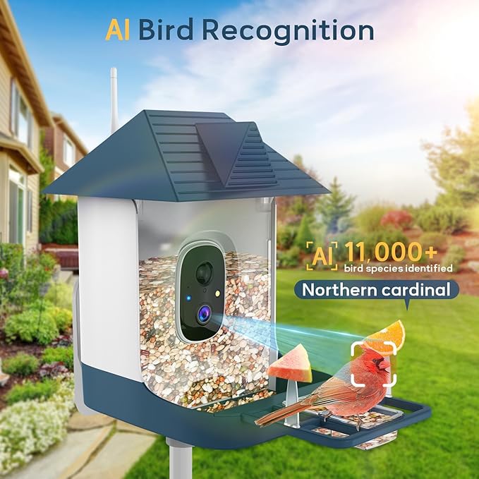 Bird Feeder with Camera,WiFi Outdoor Smart Bird Feeder Camera with Built-in AI Birds Recognition,Solar Powered,Auto Record Video by Cloud Storage,FHD Birds House with Cam,Ideal Gift for Dad and Mom