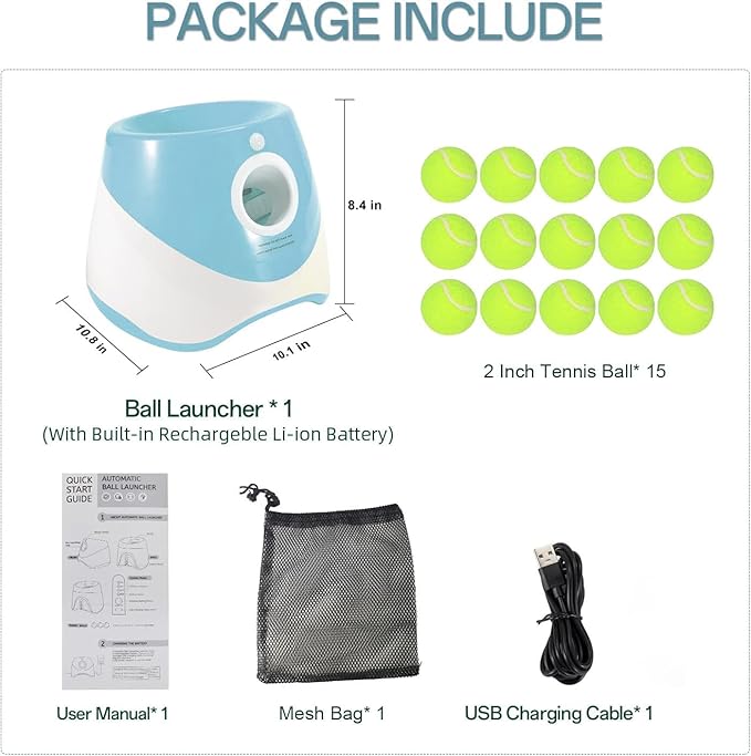 Automatic Dog Ball Launcher, Dog Ball Thrower Machine with 10-30Ft 3 Launching Distance, Interactive Toys for Small Dogs Indoor & Outdoor with 15 Mini Tennis Balls (2 inch) -Blue