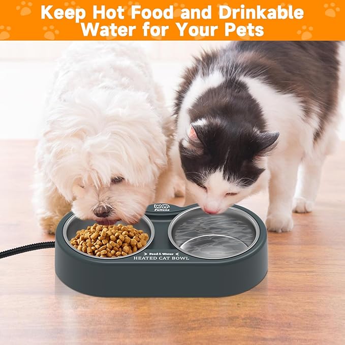 Heated Cat Bowl in Winter, Outdoor Heated Pet Bowl with Double Stainless Steel Bowl 23 OZ, Heated Water Food Bowl for Cat Pet, Thermal Pet Bowl Provide Drinkable Water and Hot Food.