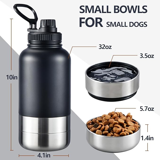 32oz Insulated Dog Water Bottle with 2 Bowls for Small Dogs