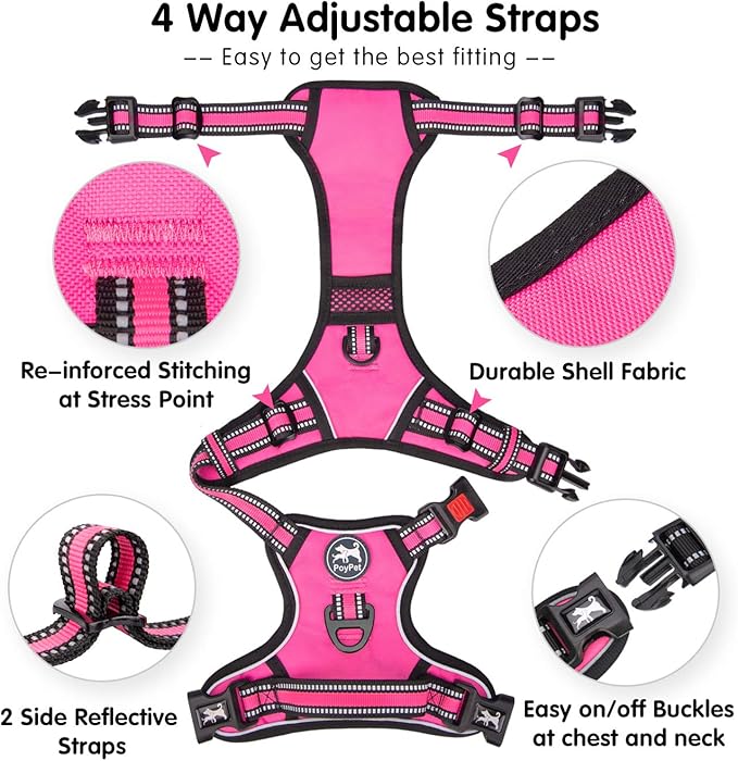 PoyPet No Pull Dog Harness, [Release on Neck] Reflective Adjustable No Choke Pet Vest with Front & Back 2 Leash Attachments, Soft Control Training Handle for Small Medium Large Dogs(Pink,M)