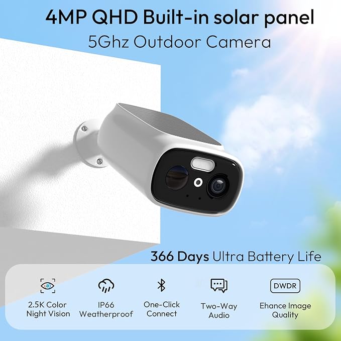 4pcs 2.4G/5G WiFi Cameras for Home Security with Embedded Solar Panel,2.5K Solar Security Cameras Wireless Outdoor with Color Night Vision,2-Way Talk,Siren,IP66, Cloud/SD, AI Detection,W/Alexa