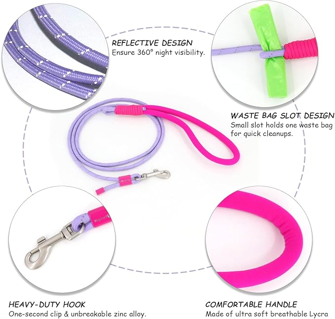 Twin Tails Leash Set - 5ft Double Handle Dog Leash and 4.5ft Lightweight Premium Rope Dog Leashes, Kid-Friendly Family Set, Reflective Pet Leashes for Small Medium and Large Dogs