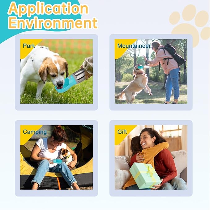 Portable Dog Water Bottle with Food Container, 14 OZ, Stainless Steel Leak Proof Puppy Water Dispenser with Drinking Feeder for Pets Travel, Walking, Hiking and Outdoor Activities