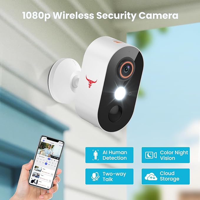 Outdoor Security Camera, Battery Powered Wireless Camera, Cloud Storage Sold Seperately, Color Night Vision, 2-Way Audio, Smart AI Motion Detection, 2.4G only (1 Light, 1 Pack)