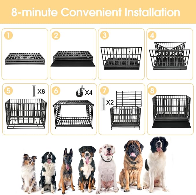 Enhanced Heavy Duty Dog Kennel Crate Cage with Strong Metal Frame, Double Doors and Lockable Wheels, for Extra Large Dog Breeds, Pet Playpen (Square, 48 inch)