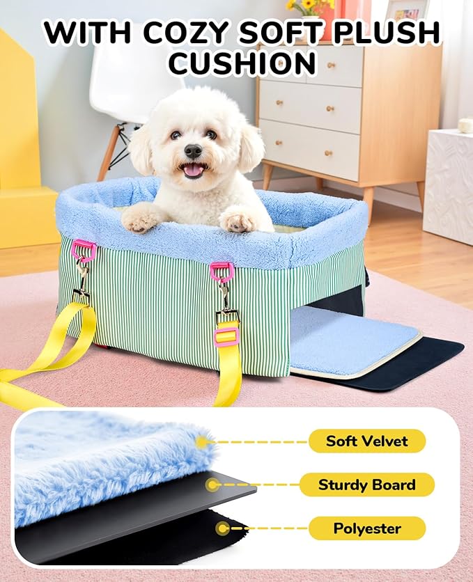 BurgeonNest Center Console Dog Car Seat, Puppy Carseat for Small Dogs, Cat Car Seat with Metal Frame and Double Protection Seat Belts, Pet Booster Seat with Washable Cushion and Clip-on Leash