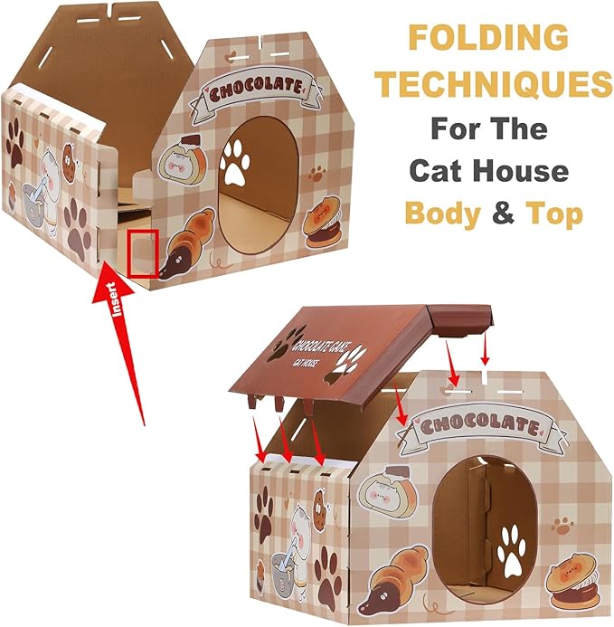 Cardboard Cat House with Scratcher – Chocolate Cake Design, 14''H x 18''L x 15.5''W, Sturdy Cat Playhouse for Indoor Cats up to 20 lbs, Fun Cat Hideout & Scratch Toy
