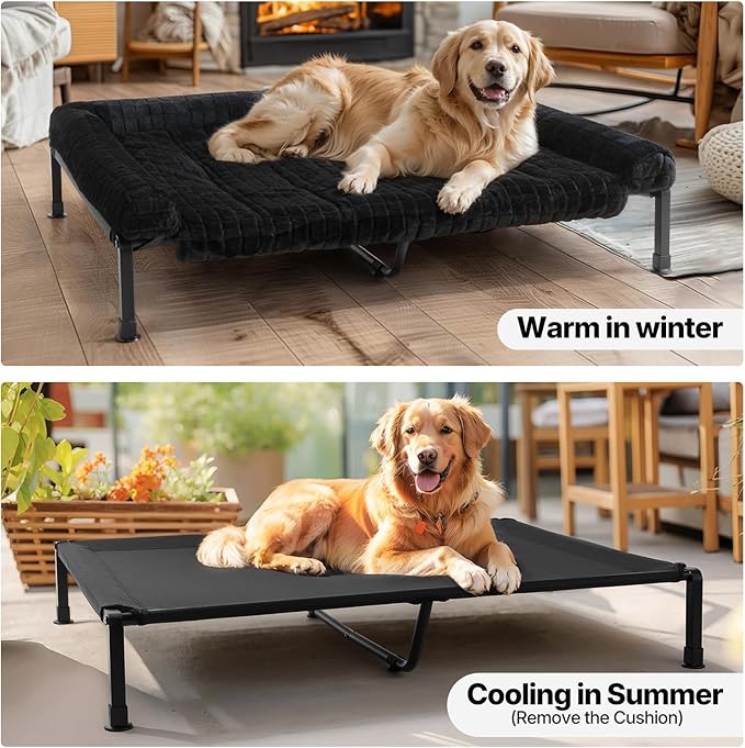 Veehoo Elevated Dog Bed Large Sized with Fluffy Plush Bolster Cushion, Washable Orthopedic Dog Couch Bed, Cooling Raised Pet Cot with Removable Mat, Breathable Mesh, No-Slip Feet, 48x 37 inches, Black