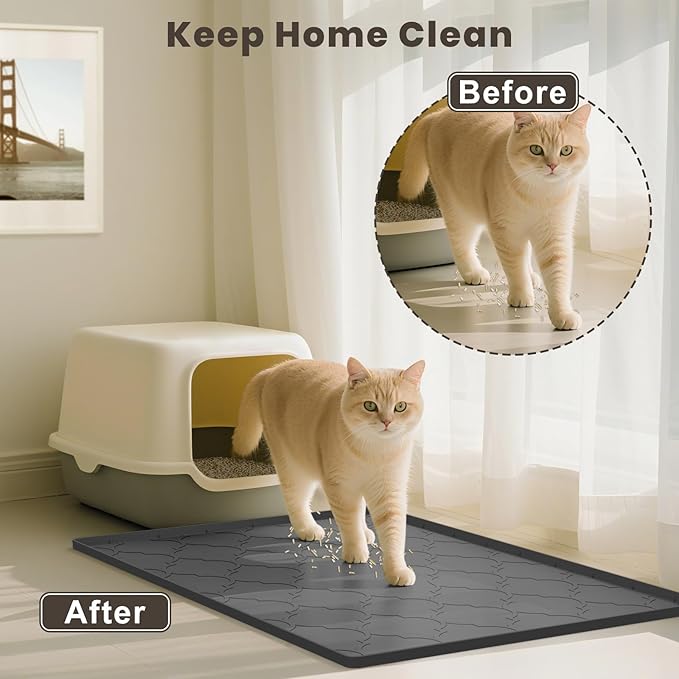Cat Mat for Litter Box, 38" X 26" Large Silicone Cat Litter Trapping Mat, Easy Clean for Scatter Control, Soft on Kitty Paws, Waterproof, Urine-Proof, Non-Slip Kitty Litter Mat for Floor, Black