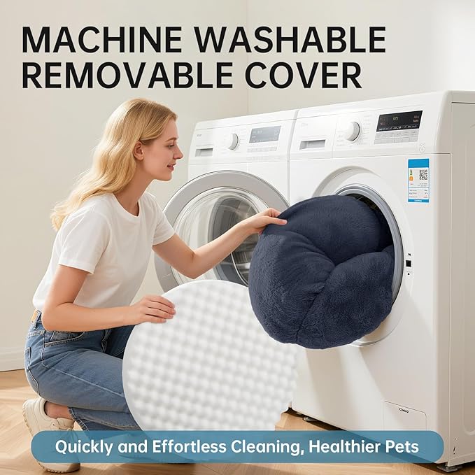 OhGeni 31 inches Calming Donut Orthopedic Dog & Cat Bed for Medium Pets, Warming Comfort Fluffy Short Pile Fur, Durable Waterproof Machine Washable Removable Cover, Cute Round Bed for Puppy, Blue