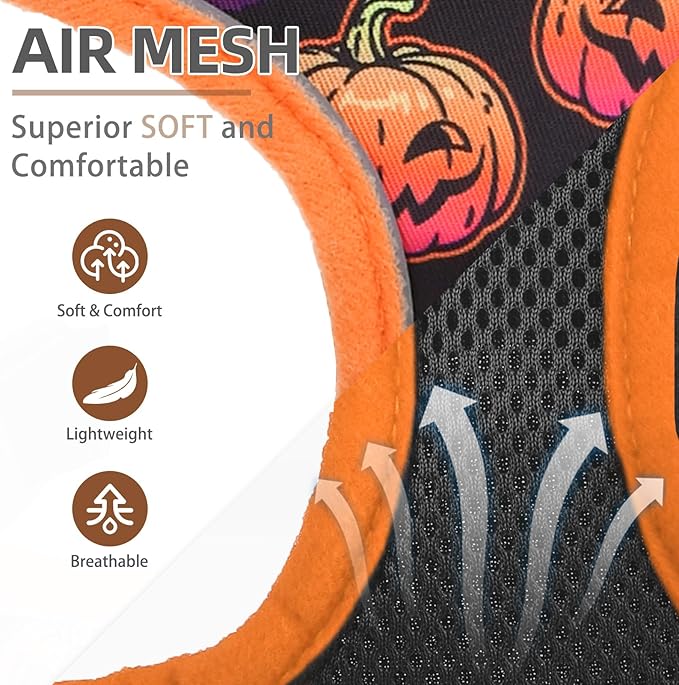 PUPTECK Soft Mesh Dog Harness and Leash Set Pet Puppy Cat Comfort Padded Vest No Pull Harnesses, Halloween Orange, M