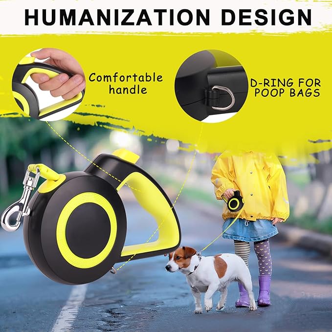 Retractable Dog Leash,Night Reflection,Light Weight Leash for Small to Medium Dogs/Cats,Stainless Steel Spring,Strong Nylon Tape, One-Handed Brake (Black-Yellow)