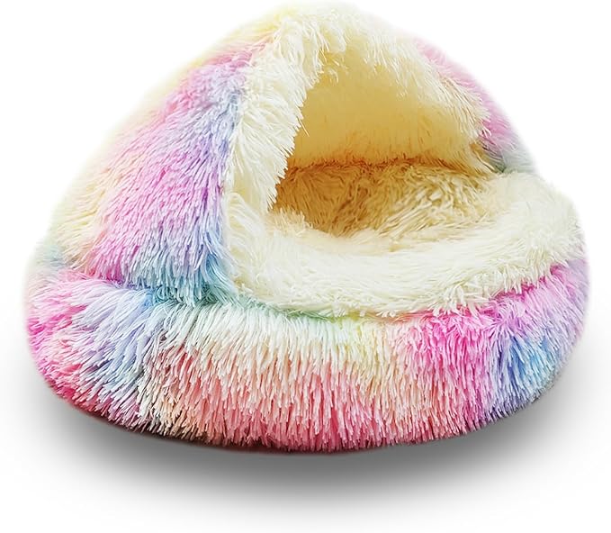 ShinHye Cat Bed Round Plush Fluffy Hooded Cat Bed Cave, Cozy for Indoor Cats or Small Dog beds, Soothing Pet Beds Doughnut Calm Anti-nxiety Dog Bed - Waterproof Bottom Washable (20×20inch, Multicolor)