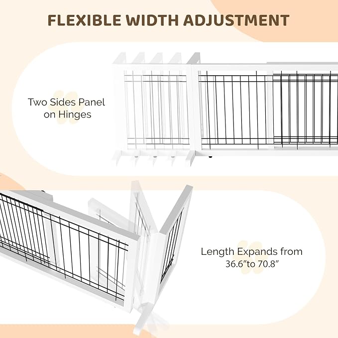 Bonnlo Free Standing Dog Gate, 37" - 68" Wide Pet Gate for Fireplace Stairs Doorways, Wooden Adjustable Pet Fence Indoor, Christmas Tree Gate (White)
