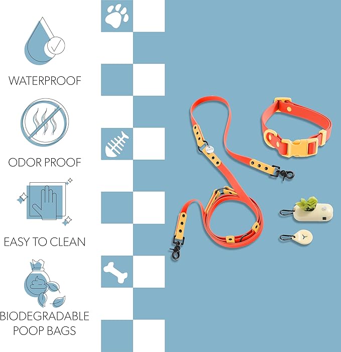 WLK1005A-5SET Luna Medium 8FT Adjustable 6-in-1 Waterproof Hands-Free Leash and Collar with LED Flashlight, Bag Dispenser, and Poop Bag Holder, Aperol