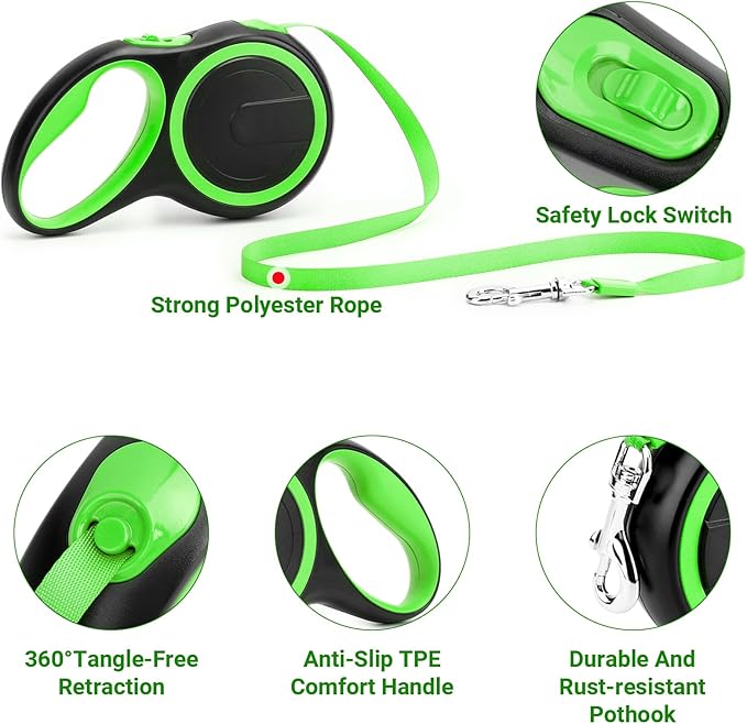 Segarty Extendable Dog Leash, 16ft Heavy Duty Walking Dog Leash for Medium Small Dogs up to 44lb, Anti-Slip Handle 360°Tangle-Free Nylon Tape, One-Handed One Button Lock and Release (Green)