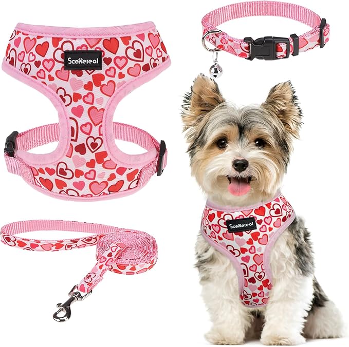 SCENEREAL Valentine's Day No Pull Dog Harness Collar Leash Set for Small Sized Dogs, Soft Mesh Step in Plaid Harnesses for Fall Winter, Adjustable Pet Vest for Outdoor Walking Training and Running, S
