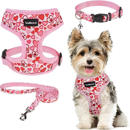 SCENEREAL Valentine's Day No Pull Dog Harness Collar Leash Set for Small Sized Dogs, Soft Mesh Step in Plaid Harnesses for Fall Winter, Adjustable Pet Vest for Outdoor Walking Training and Running, XS