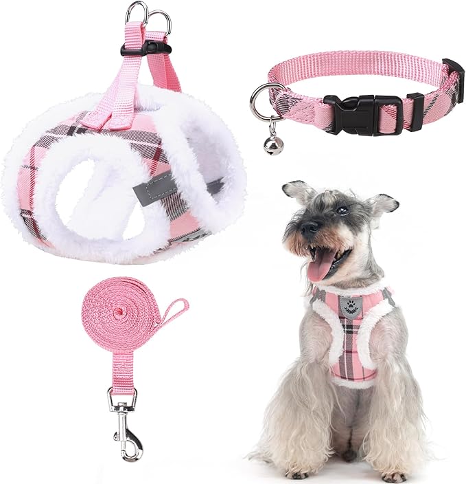 EXPAWLORER Fleece Lined Step-in Dog Harness - Soft Plush Padded Puppy Harness and Leash Set with Adjustable Dog Collar, No Pull Escape Proof Suede Dog Vest Harness for Small Dogs, Pink S
